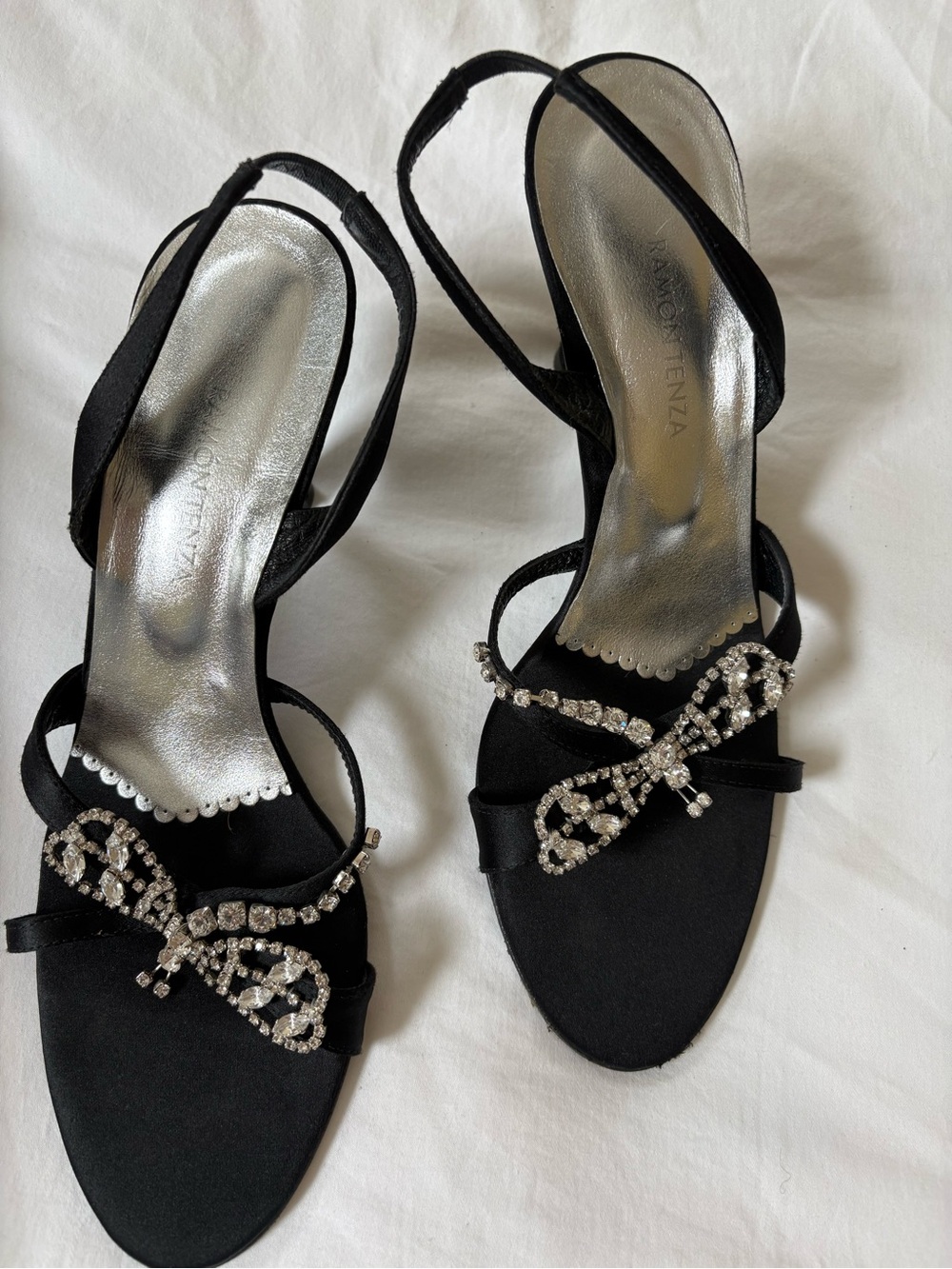 Ramon Tenza Black Satin Slingback Heels with Crystal Bows 3 inch heel